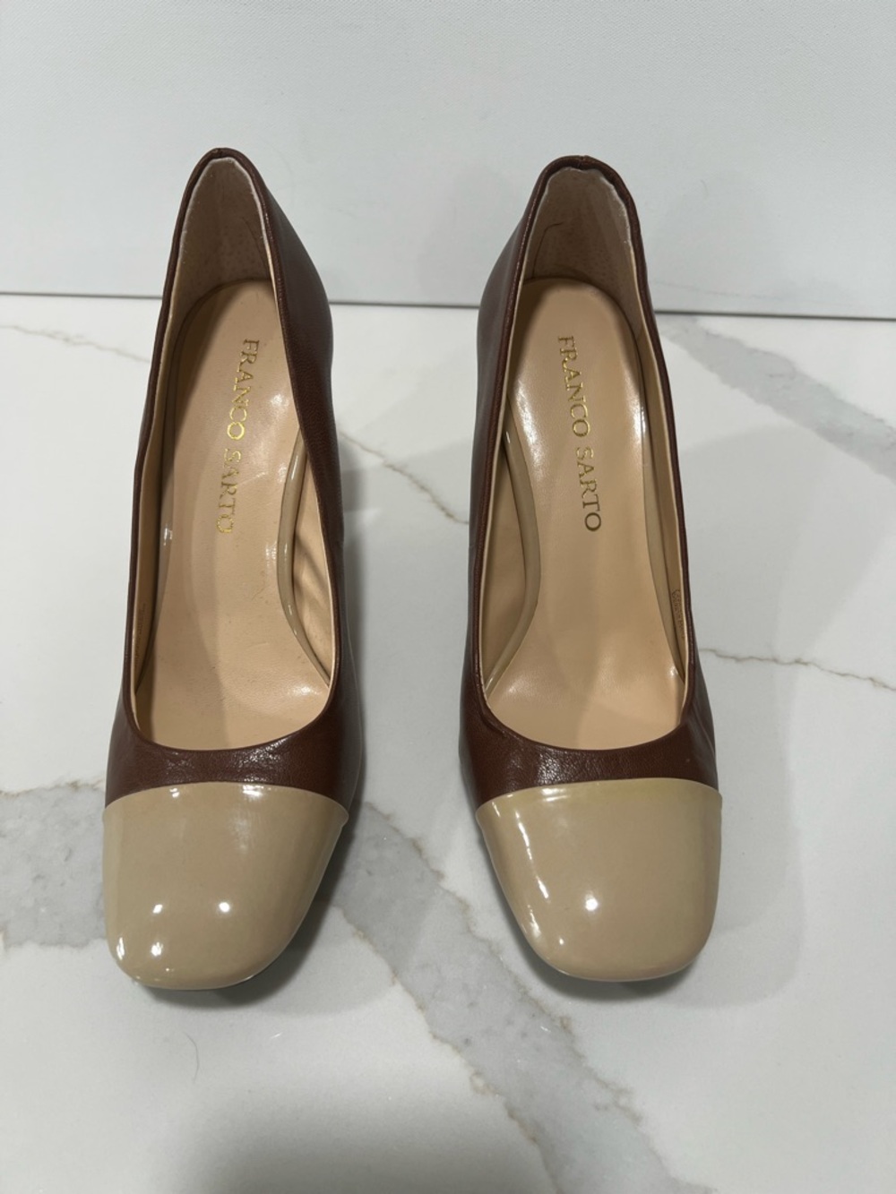 Franco Sarto Brown and Beige Two-Tone Patent Cap-Toe Pumps